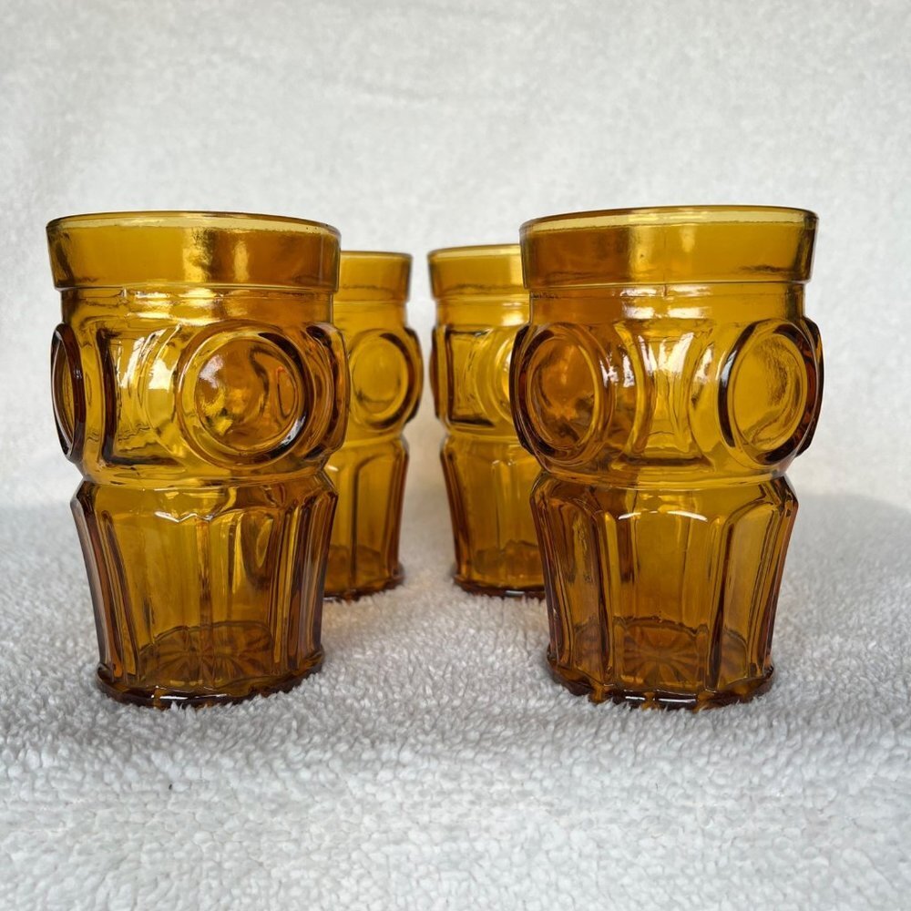 (4)Vintage Amber Gold Wheaton Bulls Eye Tumbler Glass